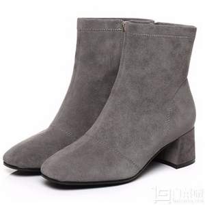 2017冬季新款，Tata 他她 女士羊皮绒面粗跟方头短靴 17210DD7 2色