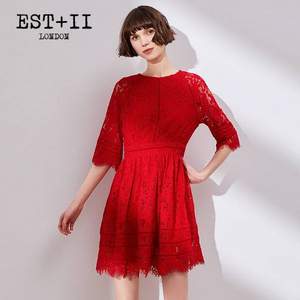 2018春季新款，EST＋II 艺诗 女士收腰显瘦蕾丝中袖连衣裙 3色
