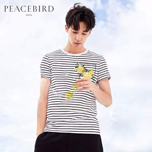 PEACEBIRD 太平鸟 男士纯棉条纹印花短袖T恤