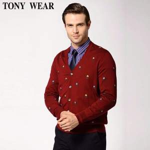 Tommy Hilfiger制造商，TONY WEAR 汤尼威尔 男士羊毛桑蚕丝混纺绣花V领针织开衫