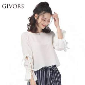 日本客普乐思 GIVORS 2018新款日系蝴蝶结系带喇叭袖雪纺衫 3色