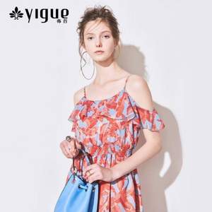 2018夏装新款，YIGUE 亦谷 女士度假风红色羽毛印花吊带露肩连体裤