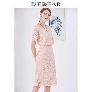 2018夏季新款，D．F．DEAR 德菲蒂奥 女士短袖圆领蕾丝连衣裙 两色