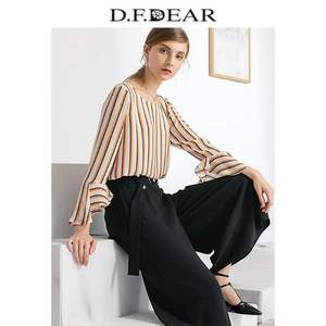 2018夏季新款，D．F．DEAR 德菲蒂奥 女士条纹圆领开叉直筒衬衫 2色