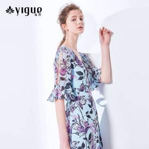 亦谷 YIGUE 2018夏款 女士V领荷叶边短袖不规则雪纺连衣裙 