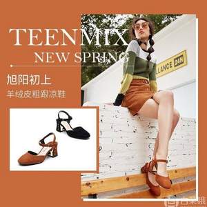 2018新款，Teenmix 天美意 女士羊绒皮通勤风粗跟单鞋CDF34AH8 两色