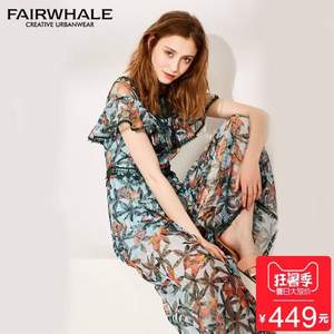 2018夏款，Fairwhale 马克华菲 女士一字肩蕾丝荷叶边连体裤裙