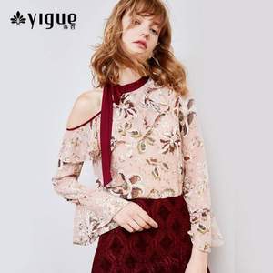 2018秋款，YIGUE 亦谷 女士不对称露肩荷叶边系带喇叭长袖雪纺衫