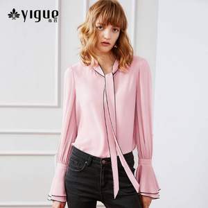 2018秋装新款， YIGUE 亦谷 立领蝴蝶结系带喇叭长袖雪纺衬衫 2色
