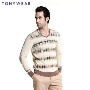 TONY WEAR 汤尼威尔 男士纯棉条纹印花V领针织衫 两色