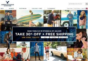American Eagle（美國鷹）官網(wǎng)：全場額外7折+任意訂單免運！買一件幾美元的白菜T恤也免運哦！有效期至9月4日