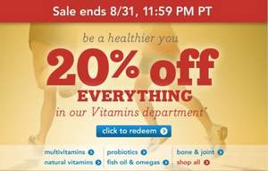 Drugstore：Vitamins部門全場8折，推薦購買小熊糖、益生菌、DHA等，有效期至8月31日！