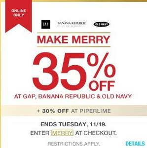 GAP美国官网：GAP、BR、Old Navy全单65折 满$50免运费