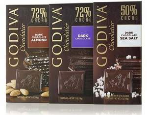 GODIVA：72%黑巧克力、31%牛奶巧克力等100g大排装，3块$10、5块$15 <span>现在可叠加$75-15！</span>