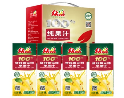 众果 100%纯果汁 金冠黄元帅苹果汁1L×4盒 ￥19.9
