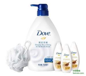 亞馬遜中國：多芬沐浴乳套裝（沐浴乳720ml+沐浴乳45ml*3+浴球) 秒殺價￥29包郵