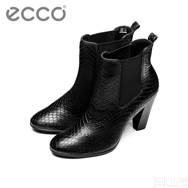 17新款，ECCO 爱步 型塑 女士蛇纹牛皮粗跟短靴 4折  国内￥2199到手￥630