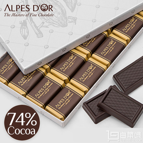 瑞士进口，Alpes d'Or 爱普诗 74%可可脂纯黑巧克力排100g￥19.8包邮（￥39.8-20）