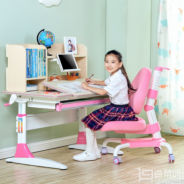 限Prime会员，心家宜 手摇机械升降儿童学习桌椅套装M112+M207L 配614高读书架 2色新低1320元包邮（双重优惠）