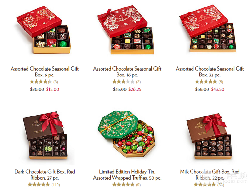 GODIVA美国官网，  精选巧克力礼盒、套装等满额外75折17年圣诞礼盒.75起