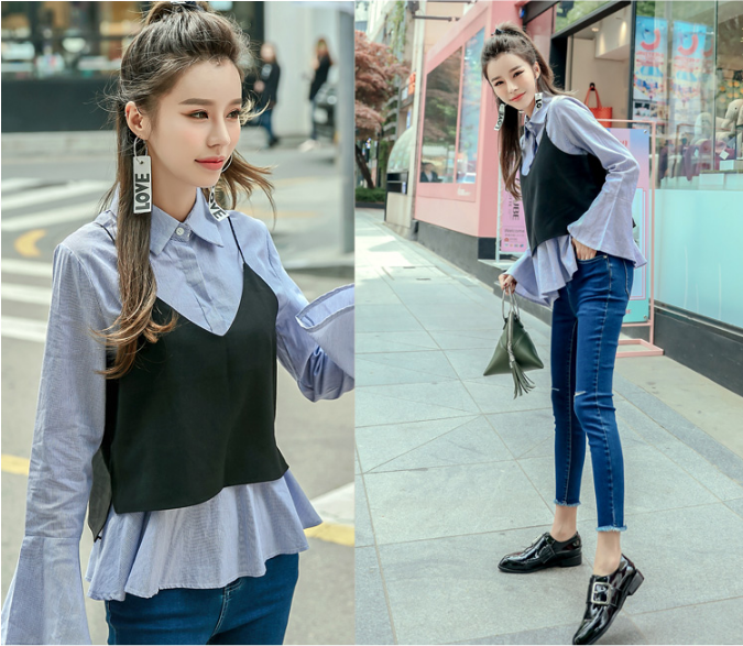 2018春装新款，韩都衣舍 直筒2件套衬衫 2色￥66包邮（需用￥70优惠券）