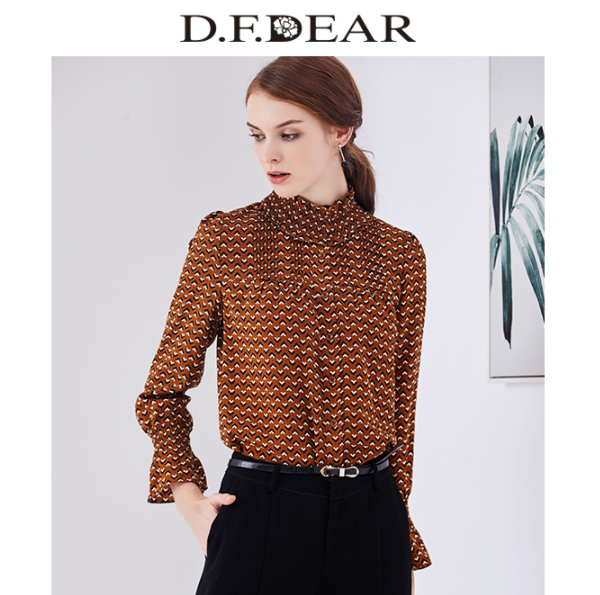 2018春季新款，D．F．DEAR 德菲蒂奥 女士雪纺印花立领衬衫￥179包邮（需领￥150优惠券）