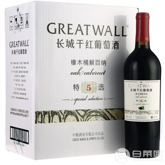 GreatWall 长城 特选5年橡木桶解百纳干红葡萄酒 750ml*6瓶*2箱 ￥295包邮史低147.5元/件（双重优惠）