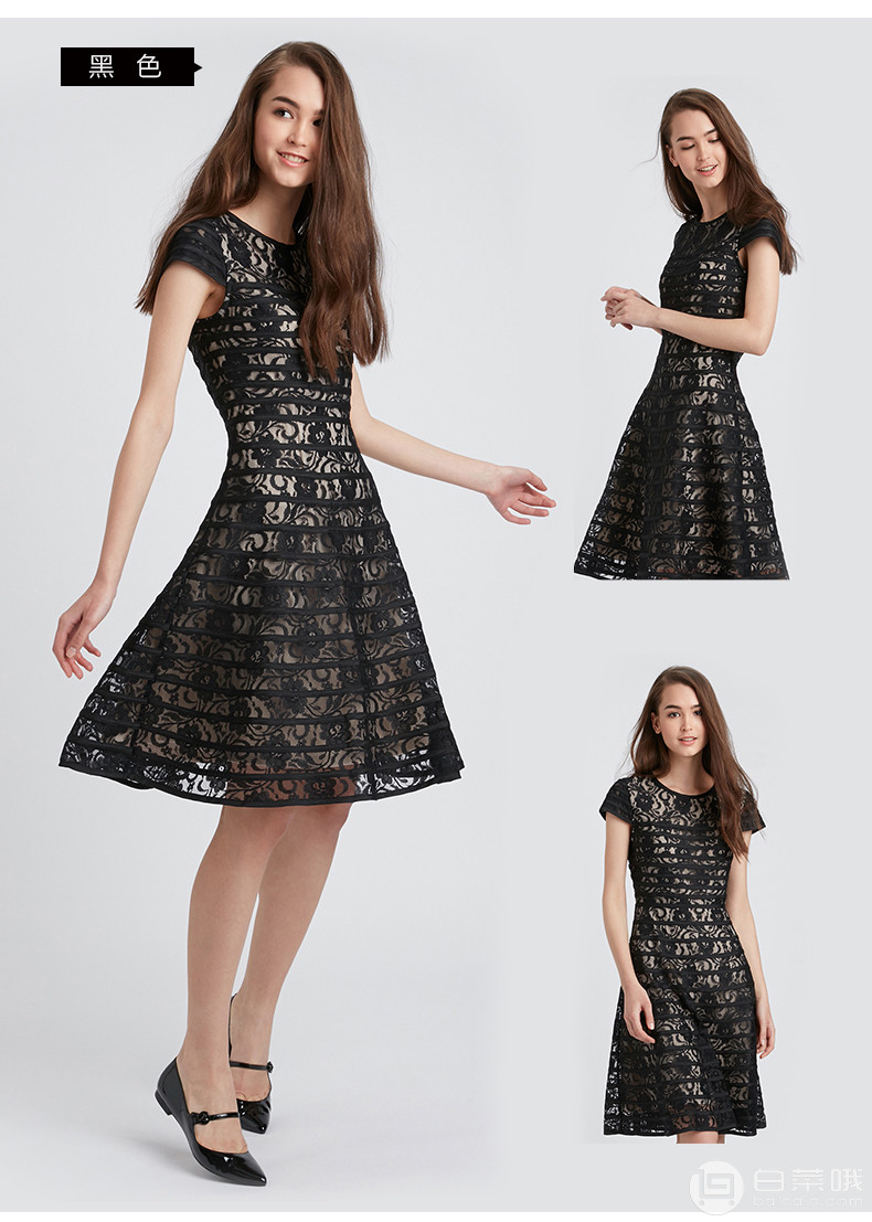 Macy's Alfani 女士新款性感蕾丝圆领短袖条纹连衣裙 2色￥279包邮（需用￥120优惠券）