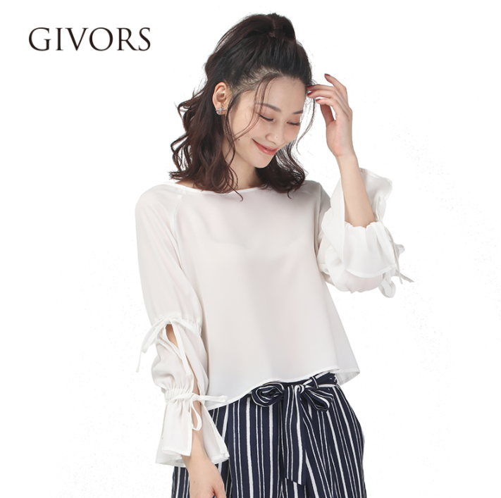 日本客普乐思 GIVORS 2018新款日系蝴蝶结系带喇叭袖雪纺衫 3色￥98包邮（需用￥70优惠券）