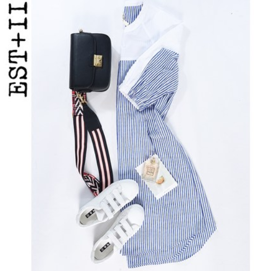 2018春季新款，EST＋II 艺诗 学院风条纹圆领七分袖连衣裙￥219包邮（需用￥150优惠券）