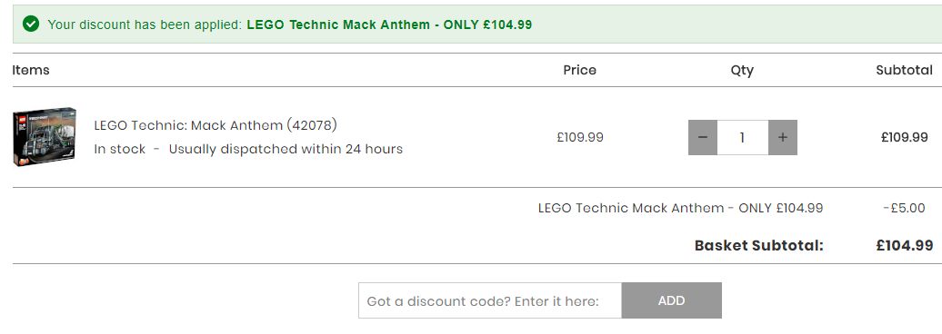 LEGO 乐高 Technic 科技系列 42078 马克卡车 £104.99+£1.99直邮到手￥947（需用优惠码）