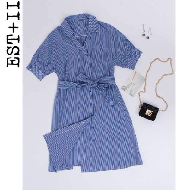 2018夏季新款，EST＋II 艺诗 系带翻领单排扣条纹连衣裙169元包邮（需领200元优惠券）
