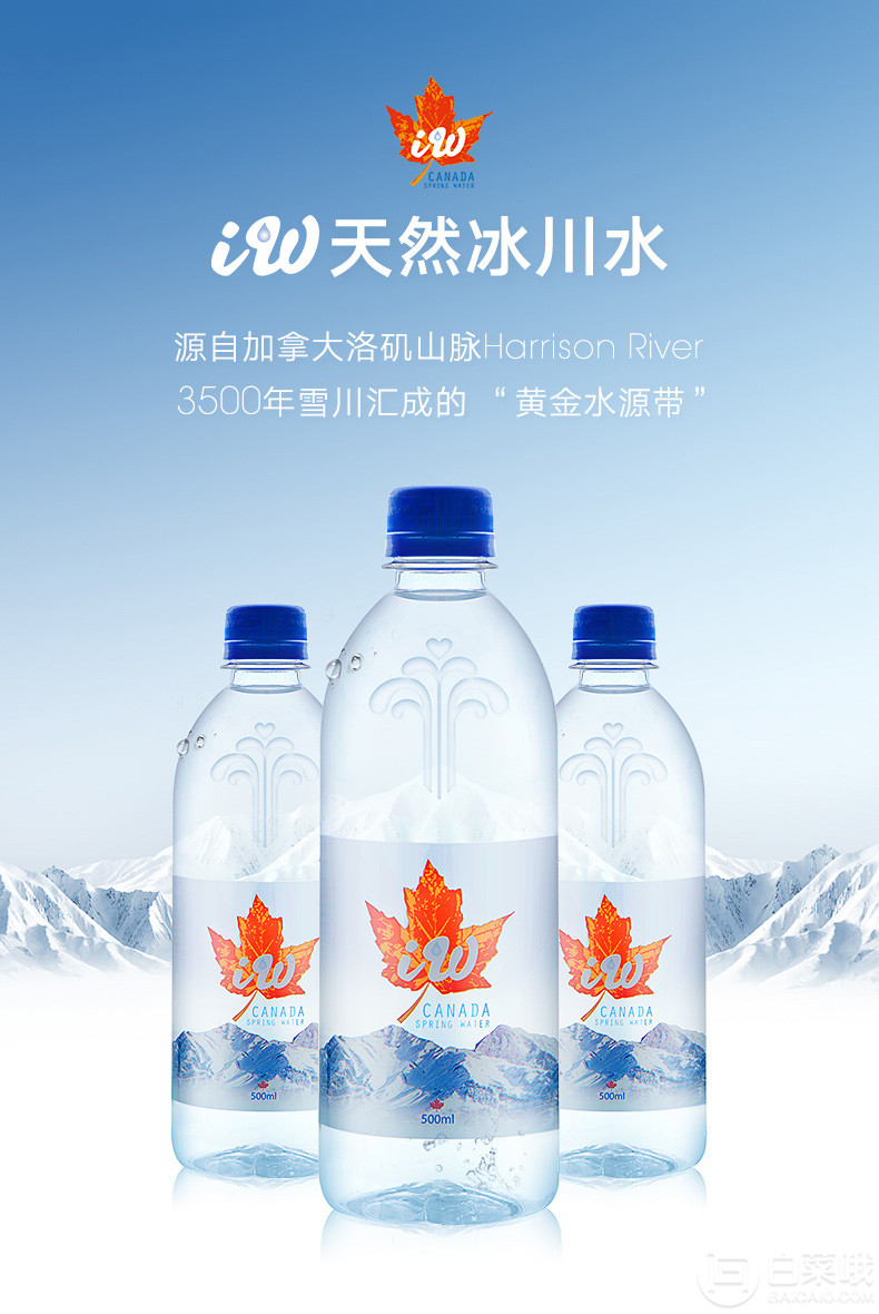 加拿大进口，Iwspringwater 冰川天然饮用水500ml*24瓶史低39元包邮（需领券）