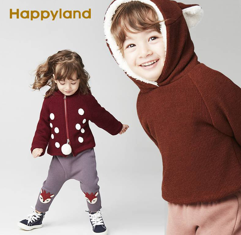 韩国TOP童装品牌，Happyland 男女童小鹿加厚加绒连帽外套 2色129.9元包邮（需领券）