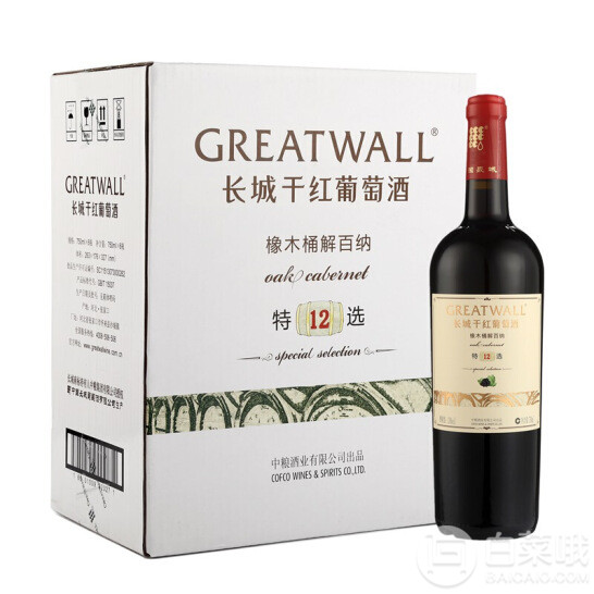 GreatWall 长城 特选12年橡木桶解百纳干红葡萄酒 750ml*6瓶*2件779元包邮（双重优惠）