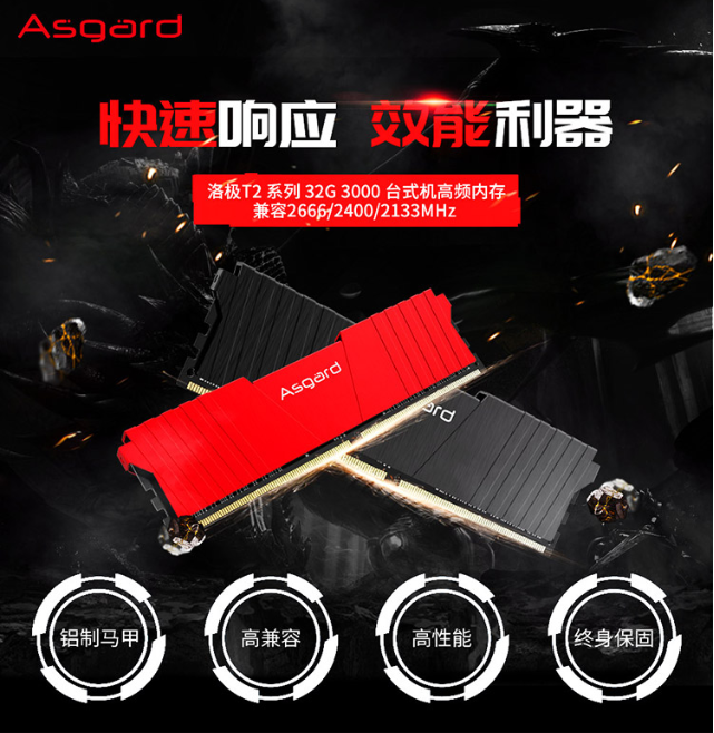 0点开始，Asgard 阿斯加特 洛极T2 DDR4 3000频 台式机内存条 32GB599元包邮