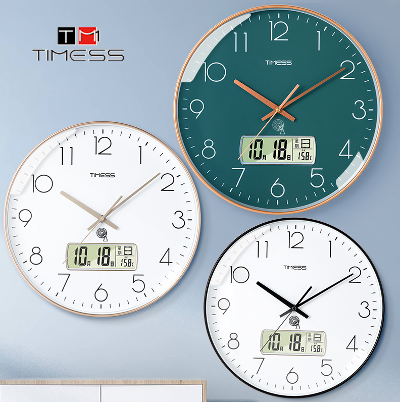 自动对时+日历+温度显示，Timess 12英寸免打孔轻奢静音电波钟 DBZ001148元包邮（需领券）