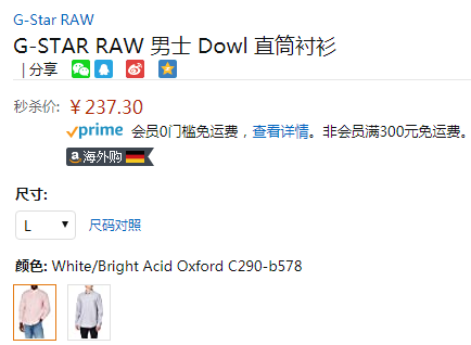 G-STAR RAW Dowl 男士纯棉长袖衬衫 D17028237.3元