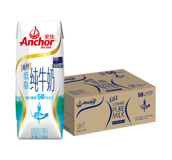 新西兰进口，安佳 高钙低脂纯牛奶 250ml*24盒+低脂牛奶 1L*12瓶装新低127.57元包邮（多重优惠）
