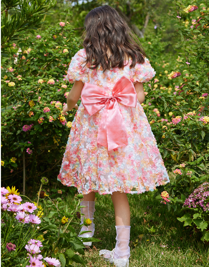笛牧 2023夏款粉色洋气蝴蝶结泡泡袖超仙儿童公主裙（100~160码）新低99元包邮（需领券）