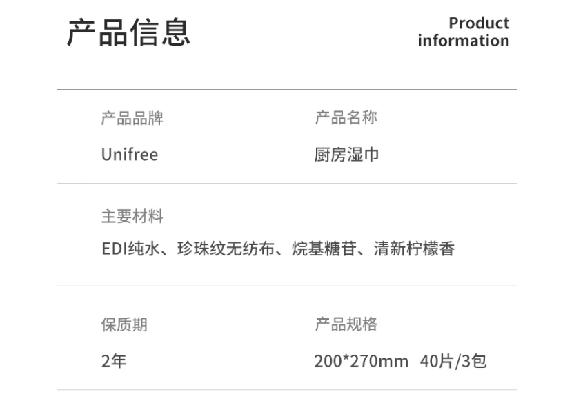 Unifree 新品一次性加大加厚抑菌厨房湿巾 200*270mm*40抽*3包29.9元包邮（需领券）