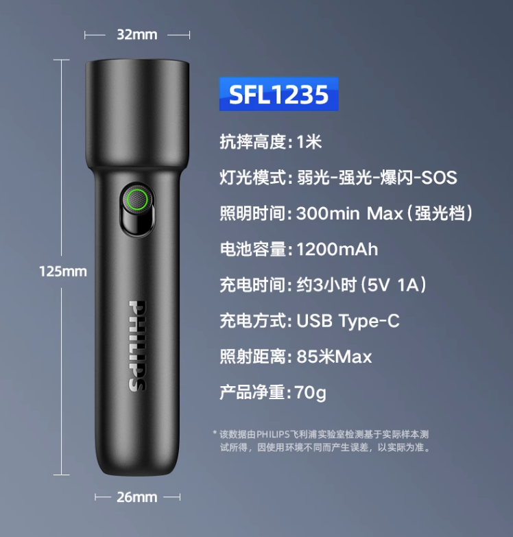 Philips飞利浦 强光充电超亮户外远射手电筒 SFL12359.9元包邮（需领券）