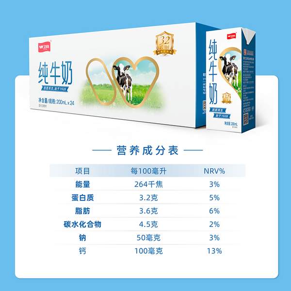 中華老字號(hào)，衛(wèi)崗 純牛奶 200ml*24盒36.9元包郵