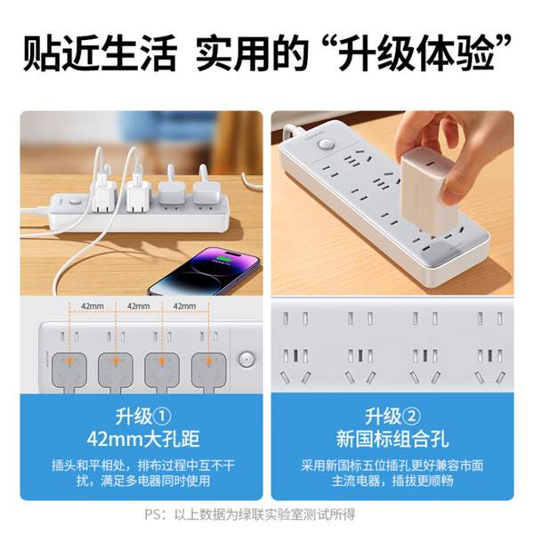 UGREEN 綠聯(lián) 15079 大間距8位總控插排插線板 2米新低27.9元