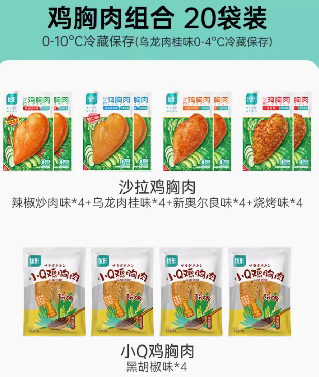 国家队运动员备战保障产品，优形 沙拉鸡胸肉100g*16袋+小Q鸡胸肉*4袋 赠鸡肉丸4袋118.9元包邮（需领券）