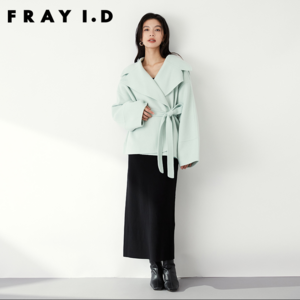 FRAY I.D 2023秋冬 女士羊毛可拆帽绑带毛呢短外套 FWFC234041