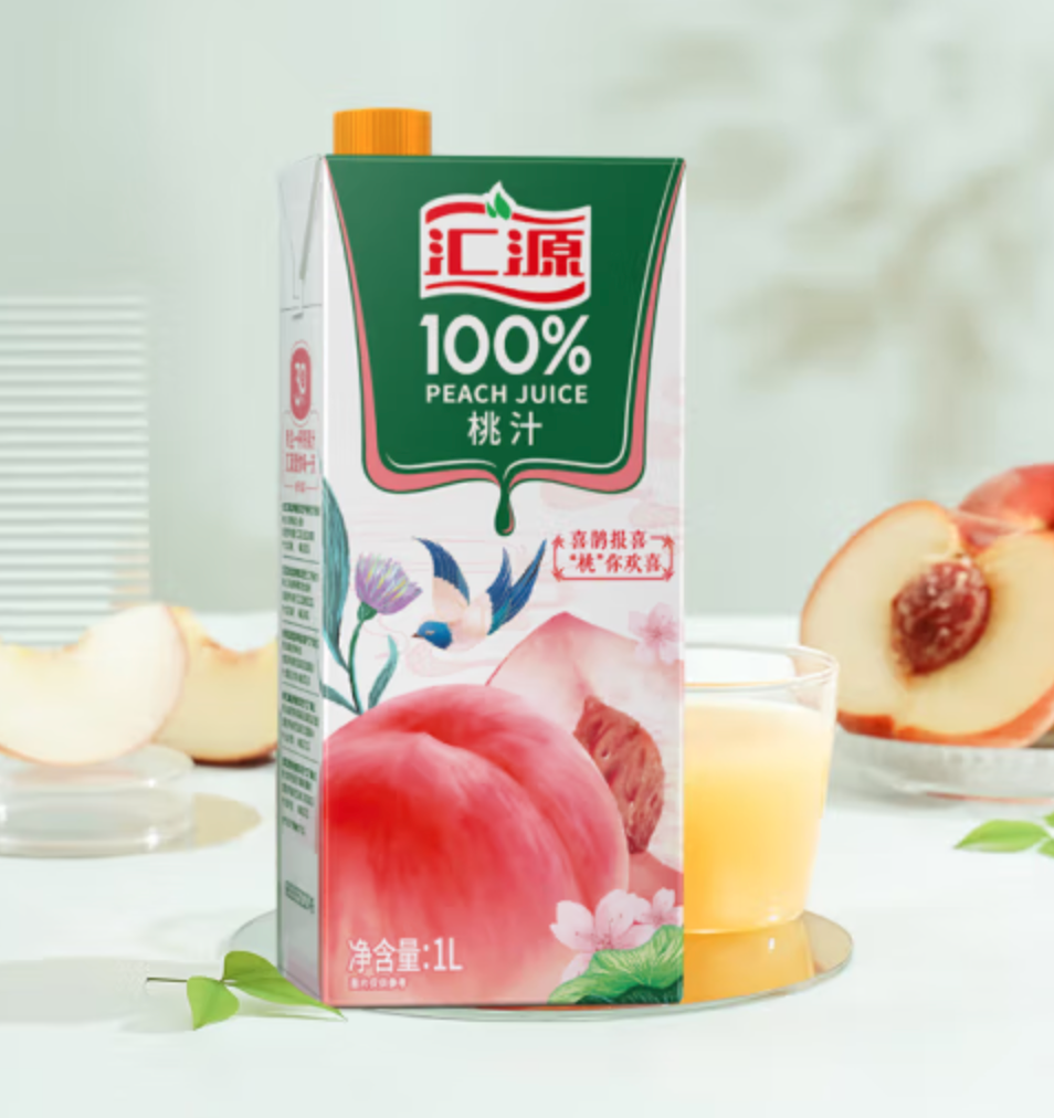 汇源果汁 100%桃汁浓缩果汁 1L*5盒新低36.5元（需领券）