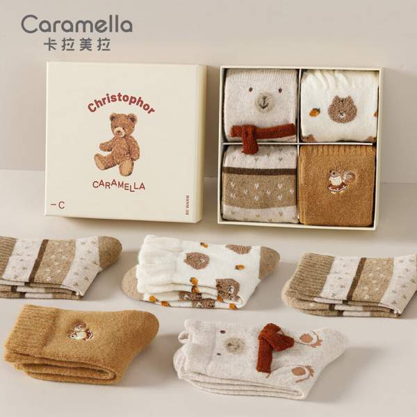 Caramella 卡拉美拉 女士小熊中筒加厚保暖羊毛袜 4双新低25.9元包邮（需领券）