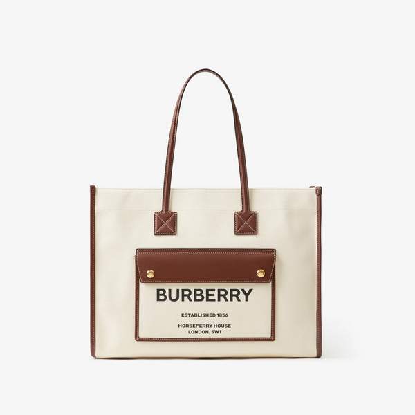 Burberry 博柏利 Freya 芙蕾雅中号双色帆布拼皮革托特包8044129新低6473.28元（官网11800元）