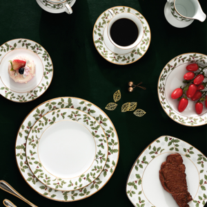 Noritake 则武 HOLLY & BERRY GOLD系列 描金陶瓷杯碟餐盘套组5件套